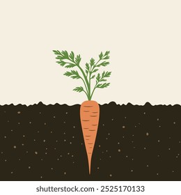 Vector Flat Carrot Illustration Growing in Soil. Side View of Carrot in Ground with Leaves Above. Flat Cartoon Style Root Vegetable, Carrot and Soil Design Template