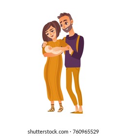 vector flat cartoon adult couple and infant baby. Isolated illustration on a white background. Flat family characters. Adult bearded smiling man, cute woman in brown dress and newborn baby