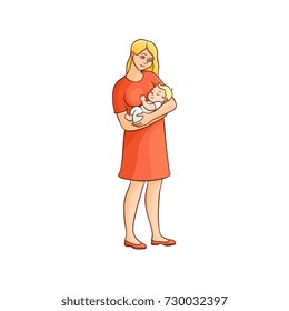 vector flat cartoon adult cute woman girl in red dress standing holding infant newborn baby toddler in hands smiling. Isolated illustration on a white background.