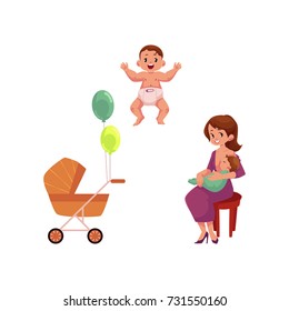 vector flat cartoon adult cute woman girl in dress sitting at chair with infant toddler on her knees, baby stroller and newborn kid set. Isolated illustration on a white background.