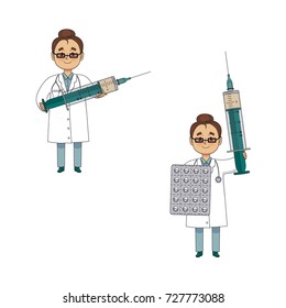 vector flat cartoon adult female doctor, physician or nurse in white medical clothing keeping huge big syringe and pills blister set. Isolated illustration on a white background.