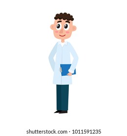 vector flat cartoon adult male doctor, physician wearing white medical gown clothing holding clipboard and sthetoscope smiling. Isolated illustration on a white background.
