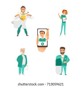 vector flat cartoon adult male, female doctors, head physician , nurse in medical clothing holding clipboard, smartphone with avatar inside smiling, set. Isolated illustration on a white background.