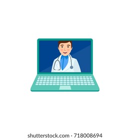vector flat cartoon adult male doctor, head physician in white medical clothing with stethoscope smiling avatar in laptop. Isolated illustration on a white background. Internet consultation concept