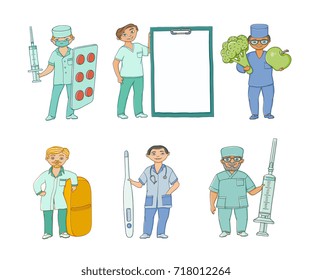 vector flat cartoon adult male, female doctors, nurses in medical clothing holding big pills, syringe thermometer, clipboard fruit vegetables smiling set. Isolated illustration on a white background.
