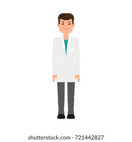 vector flat cartoon adult male doctor, physician in white medical gown clothing smiling. Isolated illustration on a white background. Full lenght portrait