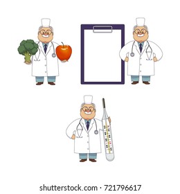 vector flat cartoon adult male doctors, nurses in medical clothing holding big thermometer, clipboard fruit vegetables smiling set. Isolated illustration on a white background.