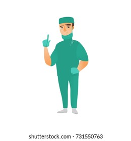 vector flat cartoon adult male doctor, surgeon in green medical uniform - mask gloves cap, pointing something out smiling. Isolated illustration on a white background.