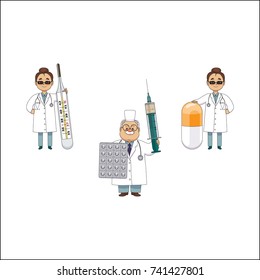 vector flat cartoon adult male, female doctor, physician in white medical clothing keeping huge big syringe and pills, stethoscope and thermometer set. Isolated illustration on a white background.