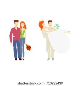 vector flat cartoon adult young couple hugging each other, newlywed couple, groom holds bride in hands. Isolated illustration on a white background. Flat family characters.