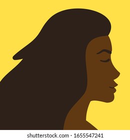Vector flat cartoon African woman profile head face isolated on yellow background