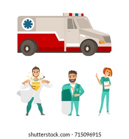 vector flat cartoon ambulance car. Paramedic emergency auto. Medical evacuation service vehicle, super doctor, surgeon with big pill and female nurse set. Isolated illustration on a white background