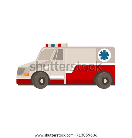 vector flat cartoon ambulance car. Paramedic emergency auto. Medical evacuation service rescue vehicle. Hospital transport. Isolated illustration on a white background