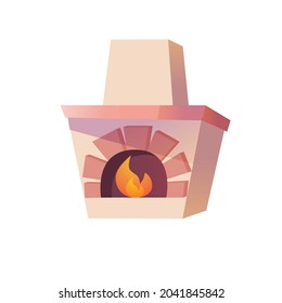 Vector Flat Cartoon Ancient Russian Stove With Burning Fire Isolated On Empty Background-historical Home Furniture,kitchen Appliances Interior Elements Concept,web Site Banner Ad Design