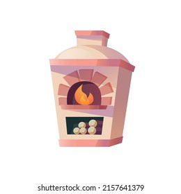 Vector Flat Cartoon Ancient Stove With Burning Open Fire-historical Home Furniture,kitchen Appliances Interior Elements For Traditional Cuisine Restaurant Concept,web Site Banner Ad Design