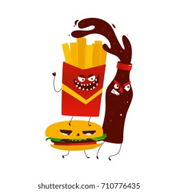vector flat cartoon angry fastfood monsters. Isolated illustration on a white background. Funny cola, potato fry and burger chasing for victim with frightening faces.