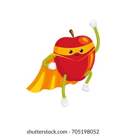 vector flat cartoon apple character in orange cape, mask flying like superman. Isolated illustration on a white background Stylized humanized fruit and vegetable super hero protecting people's health