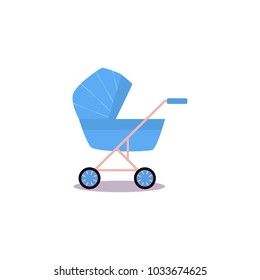 vector flat cartoon baby carriage or stroller, pram blue perambulator. Isolated illustration on a white background. Newborn baby concept object for your design