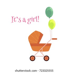 vector flat cartoon baby carriage or stroller, pram perambulator with congratulatory air balloons with it s a girl inscription. Isolated illustration on a white background.
