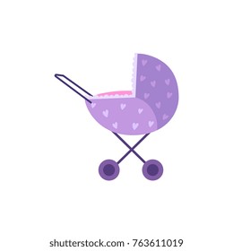 vector flat cartoon baby carriage or stroller, pram purple dotted perambulator. Isolated illustration on a white background. Newborn baby concept object for your design