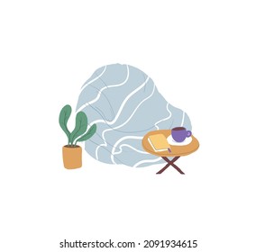 Vector flat cartoon bag chair,home plant,coffee table with book and cup isolated on empty background-modern furniture,room interior elements,comfort home life concept,web site banner ad design