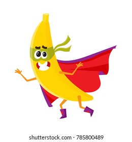 vector flat cartoon banana character in red cape, mask dashing. Isolated illustration on a white background. Funny stylized humanized fruit and vegetable super hero protecting people's health concept.