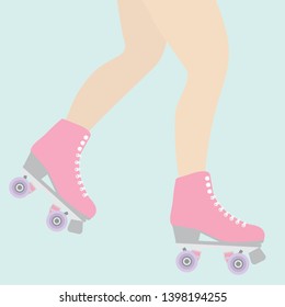 Vector flat cartoon banner card with girl legs in pink roller skates quads isolated on mint background 