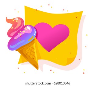 Vector flat cartoon banner with colorful paper sheet and tasty shiny ice cream cone isolated on white background. Note reminder sticker, web banner element design. Summer advertisement poster, placard