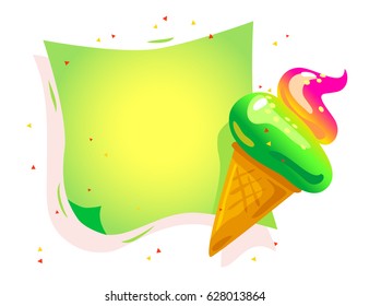 Vector flat cartoon banner with colorful paper sheet and tasty shiny ice cream cone isolated on white background. Note reminder sticker, web banner element design. Summer advertisement poster, placard