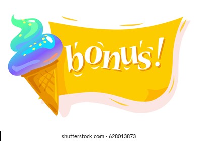 Vector flat cartoon banner with colorful paper sheet and tasty shiny ice cream cone isolated on white background. Note reminder sticker, web banner element design. Summer advertisement poster, placard