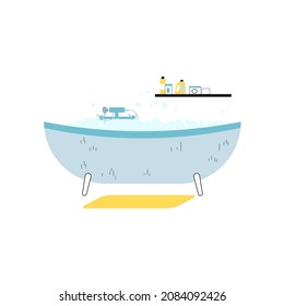 Vector flat cartoon bath with foam water,shelf with personal hygiene products items isolated on empty background-modern home bathroom furniture,interior elements concept,web site banner ad design