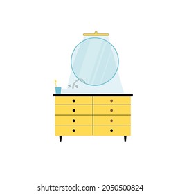 Vector flat cartoon bathroom cabinet with mirror,sink and faucet isolated on empty background-modern home washroom furniture,interior elements and personal hygiene concept,web site banner ad design