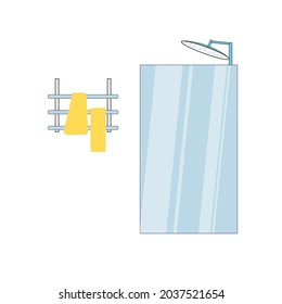 Vector de dibujos animados planos cuarto de baño cabina de ducha, rack con toallas aisladas en fondo vacío mobiliario moderno de baño en el hogar, elementos interiores y concepto de higiene personal, banner de sitio web y diseño