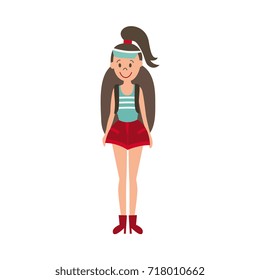 vector flat cartoon beautiful cute young girl hiking tourist smiling wearing backpack, shorts red boots. Isolated illustration on a white background.