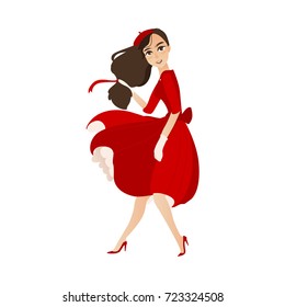 vector flat cartoon beautiful young woman in red felt beret, long dress smiling. French, parisian style female portrait full length. Isolated illustration ona white background.