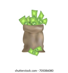 vector flat cartoon big bag with dollar cash. Plenty of money in grey sack. Isolated illustration on a white background. Sign of profit, easy money. Jackpot, bingo casino design poster