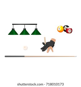 vector flat cartoon billiard snooker, pool equipment objects set. cue stick, pendant lamps, hand in glove, ball with numbers. Isolated illustration on a white background.