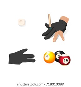 vector flat cartoon billiard snooker, pool equipment objects set. cue chalk block ,hand in glove, colored balls with numbers. Isolated illustration on a white background.