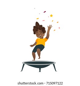 vector flat cartoon black boy kid in dark shorts, orange t-shirt and party hat jumping on trampoline happily smiling. Isolated illustration on a white background. Kids party concept