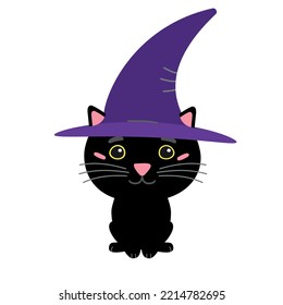 Vector flat cartoon black halloween cat with witch hat isolated on white background