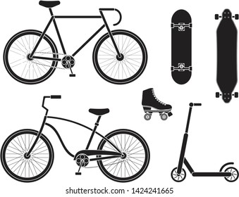 Vector flat cartoon black set collection of bicycle skateboard scooter and roller skates isolated on white background 