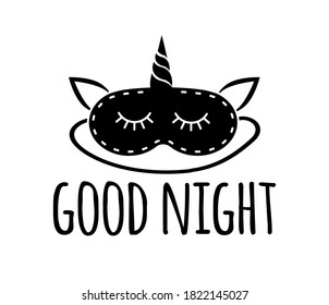 Caricatura plana vectorial máscara de unicornio negro para dormir y buena inscripción nocturna aislada en fondo blanco