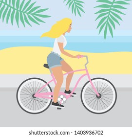 Vector flat cartoon blond girl riding a vintage cruise pink bicycle on city beach with palm leaves 