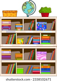 Vector flat cartoon books on bookcase stand isolated on empty background-furniture and interior elements,reading and learning concept,web site banner ad design