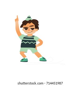 vector flat cartoon boy child dancing alone in green clothing and party hat smiling. Little dancer male character. Isolated illustration on a white background. Kids party concept