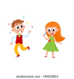 vector flat cartoon boy and girl kid dancing in party hat, throwing musik confetti and singing at microphone smiling . isolated illustration on a white background. Kids patty concept