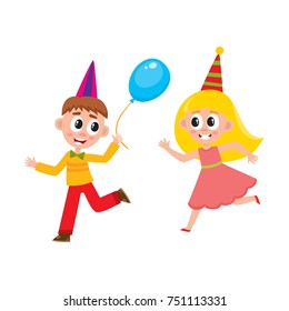 vector flat cartoon boy and girl kid dancing in party hat, running with blue air balloon smiling . isolated illustration on a white background. Kids patty concept