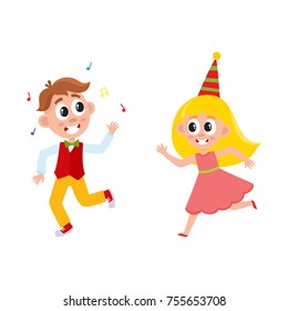 vector flat cartoon boy and girl kid dancing in party hat, running and throwing musik confetti smiling . isolated illustration on a white background. Kids patty concept