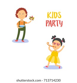 vector flat cartoon boy kid holding plate with tasty delicious piece of cake smiling happily, girl in funny glasses whistling . isolated illustration on a white background. Kids patty concept