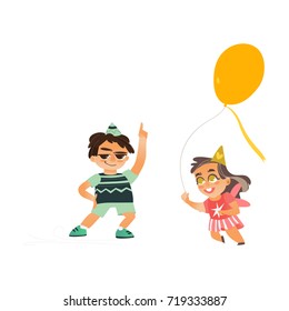 vector flat cartoon boy kid dancing in party hat smiling happily, girl in funny glasses running with yellow air balloon . isolated illustration on a white background. Kids patty concept